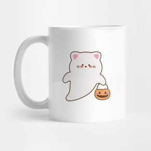 cute cat ghost holds a pumpkin basket Mug